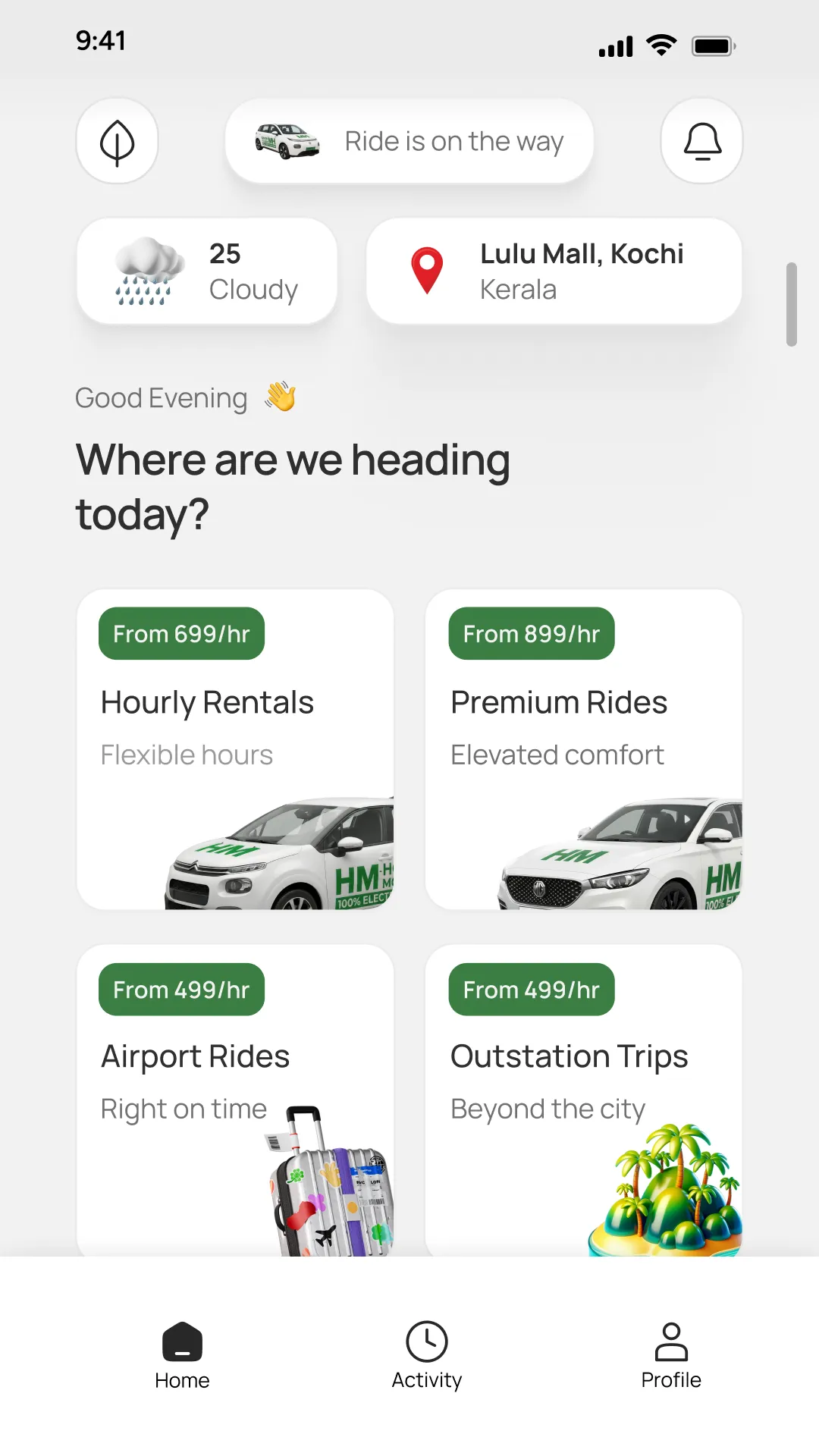 Hound home screen with weather and ride categories