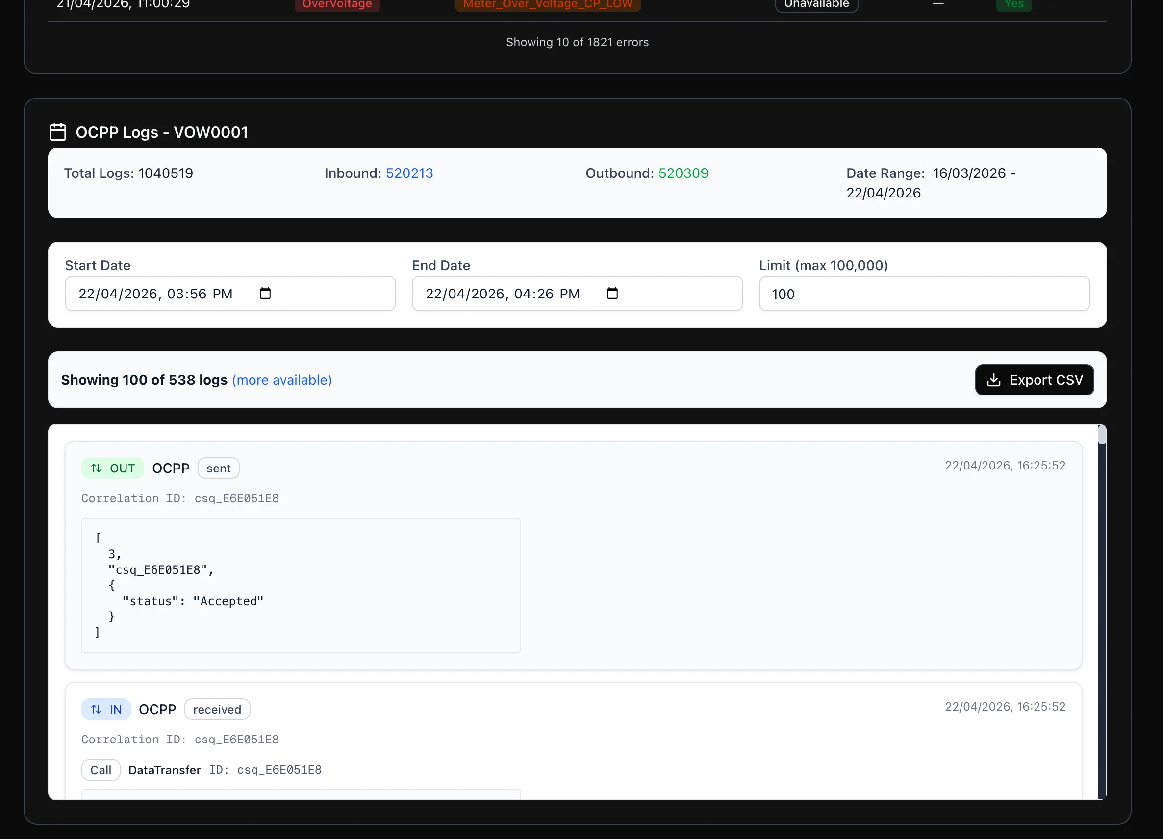 VoltLync OCPP message log viewer